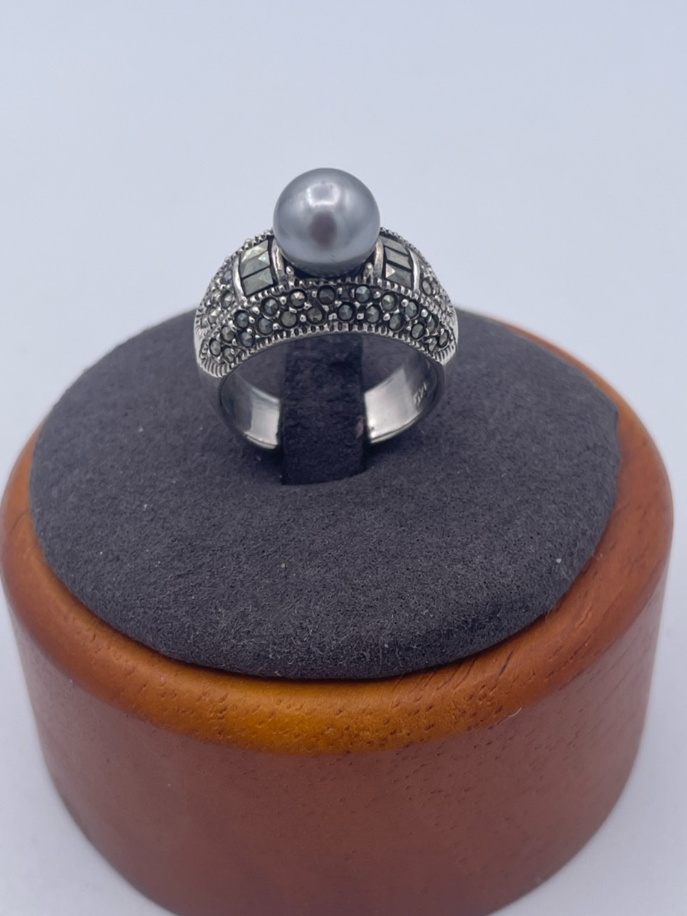 Vintage Sterling Silver 925 Gray Freshwater Pearl Marcasite Ring Art Deco Style